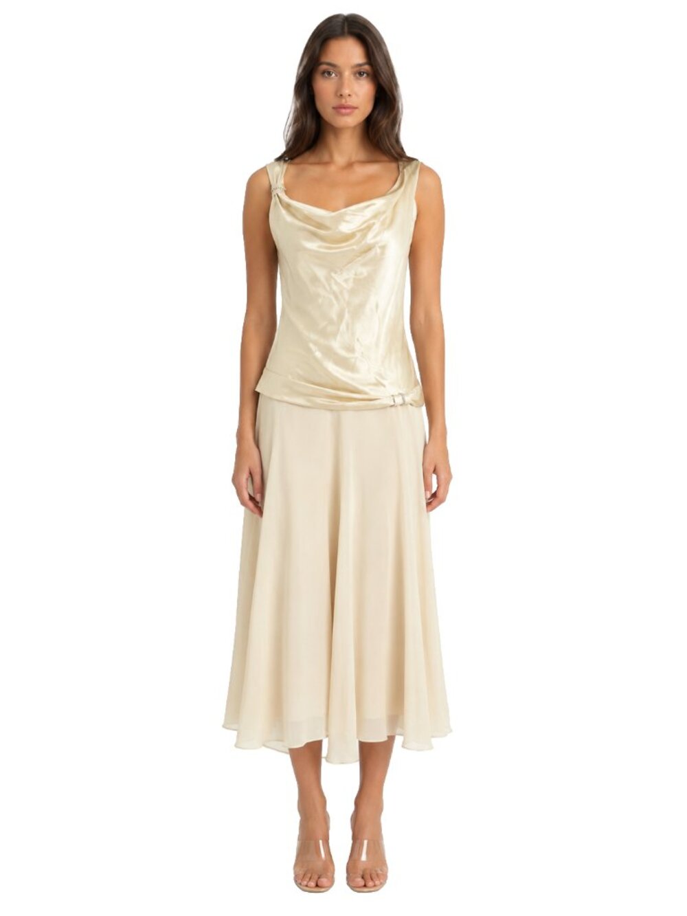 Vintage Liz Claiborne Ivory Satin Drop Waist Midi Dress – Size 12 - Picture 1 of 10